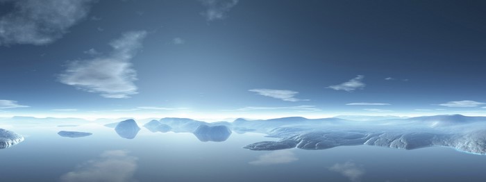 Icebergs on a calm sea under a cloudy sky