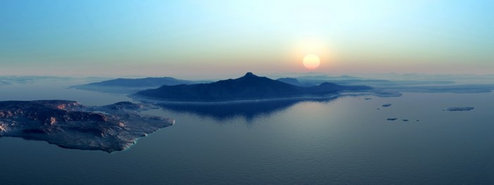 Panoramic view of islands and mountains at sunrise over the sea