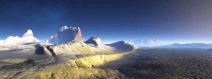 Snowy mountain landscape under a starry sky