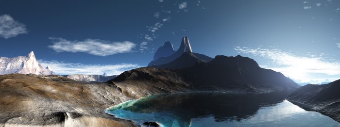Alien landscape with mountains and a lake