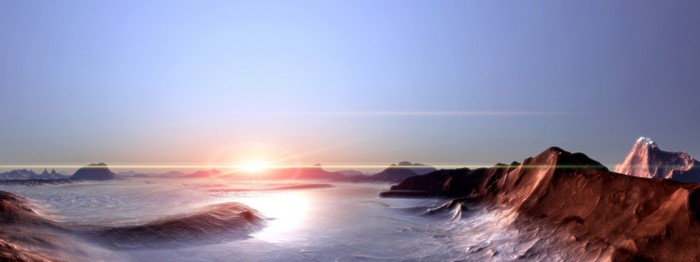 Digital art landscape with sunrise over water and mountains