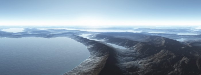 Panoramic aerial view of a mountainous landscape with water bodies