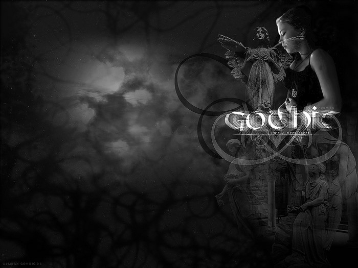 Gothic text with angel and woman
