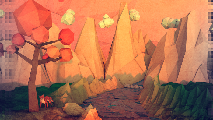 Low poly landscape with fox and tree