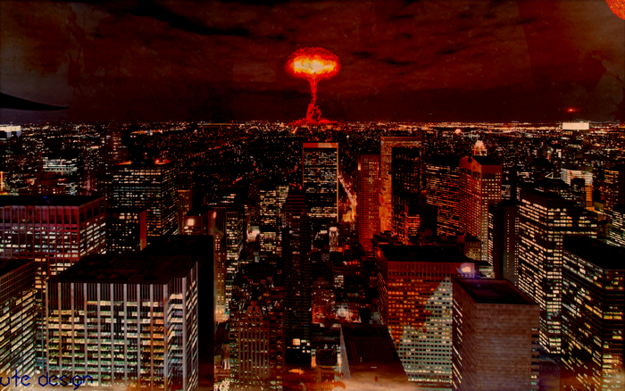 Apocalyptic cityscape at night with atomic bomb explosion