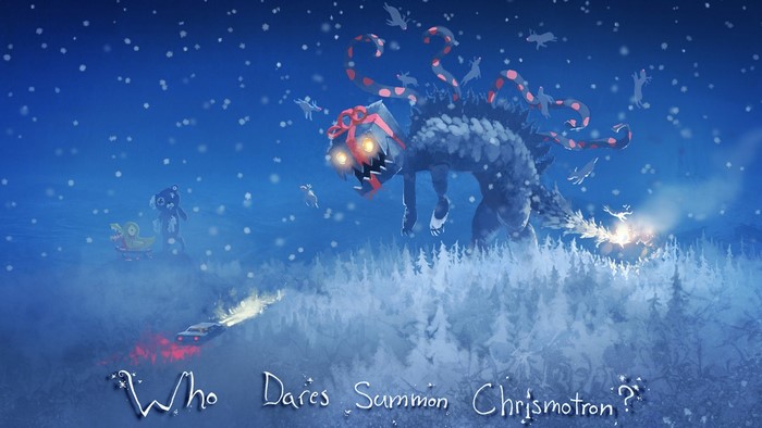 Chrisma-tron monster in a snowy forest with toys and cars