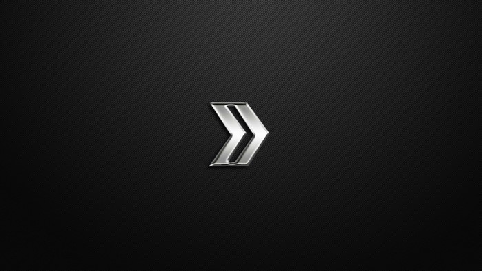 Silver chevron logo on black textured background