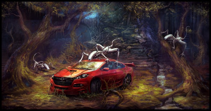 Alien creatures and a red car in a jungle habitat