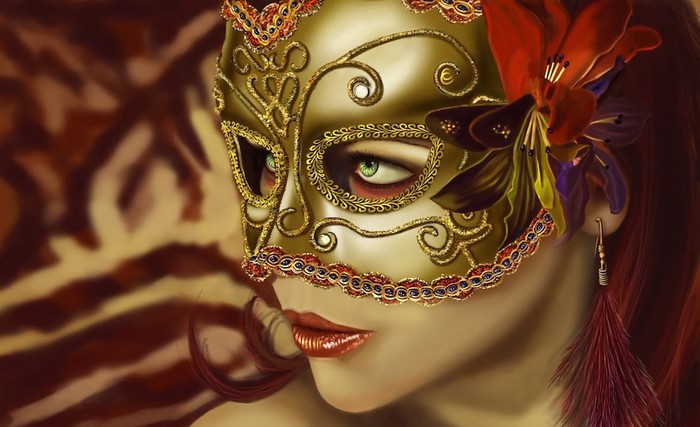 Woman wearing a golden Venetian mask with flowers