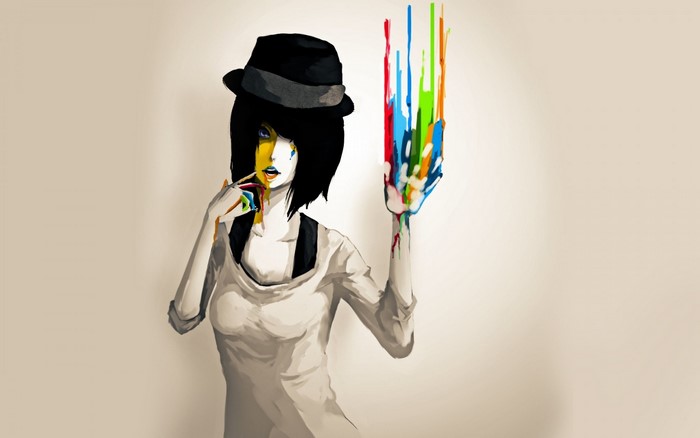 Anime girl with black hat and colorful paint drips