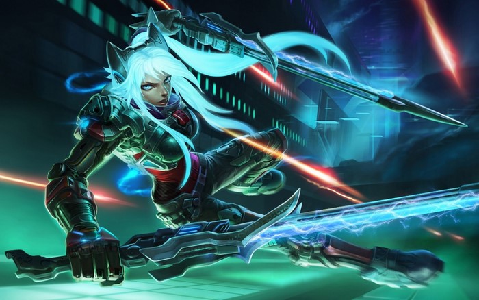 Anime artwork of a cybernetic woman with glowing swords