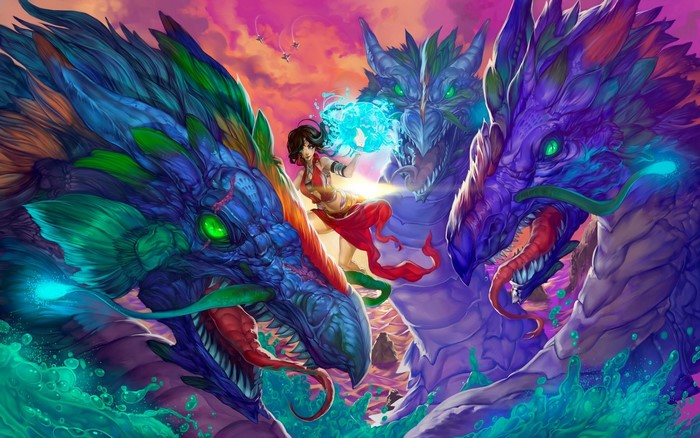 Girl fighting two dragons with magic