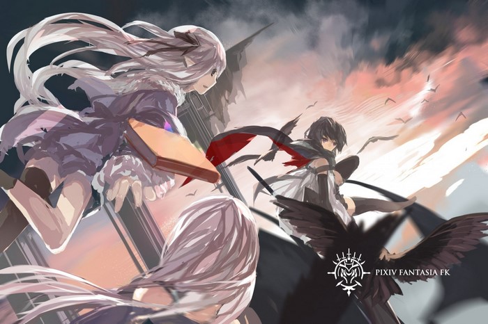 Anime girls with white and black hair in Pixiv Fantasia