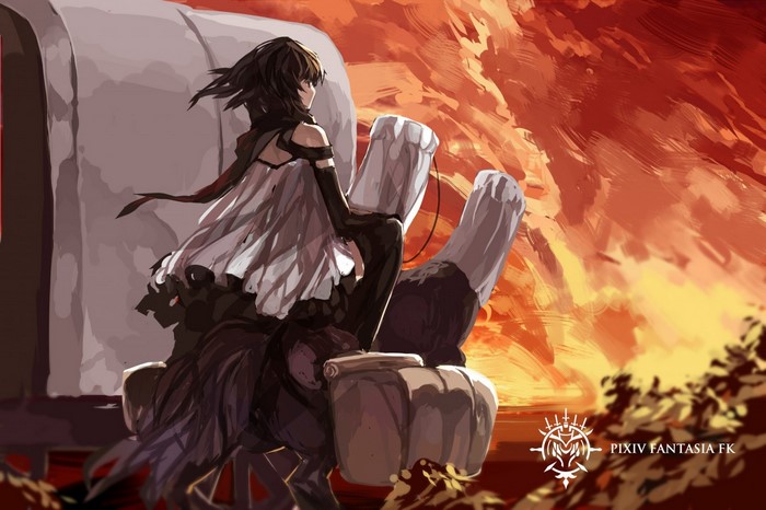 Girl with black hair on a large structure with fiery sky
