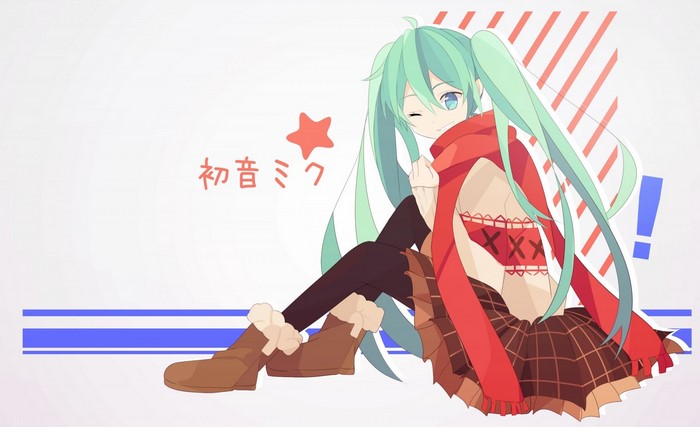 Hatsune Miku from Vocaloid sitting with a red scarf