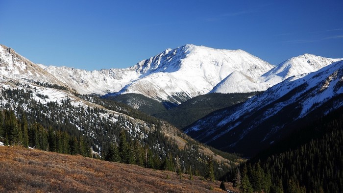 Snow-covered mountains and valley with evergreen trees