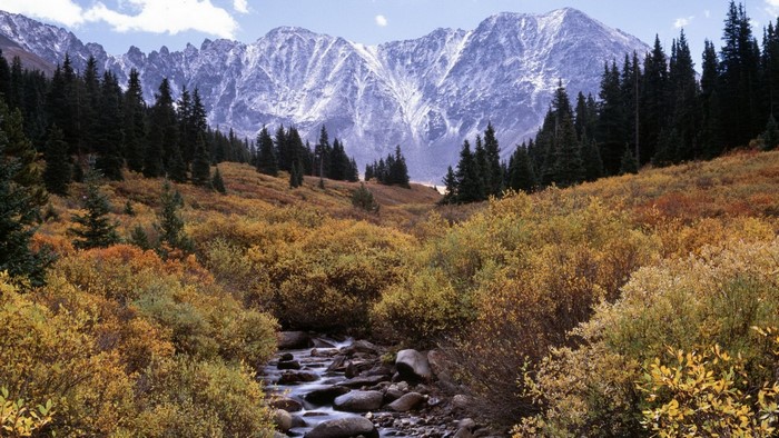 Autumn mountain valley with a stream and snow-capped peaks