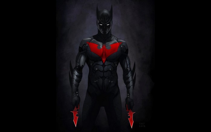 Batman Beyond holding red bat-shaped blades