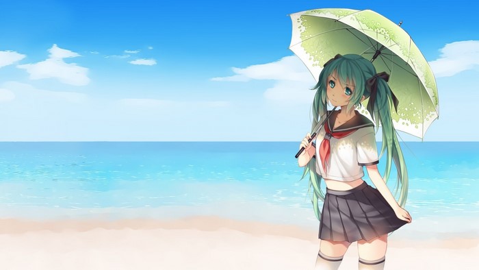 Hatsune Miku on a beach with an umbrella