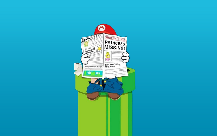 Mario from Mario Bros. reading newspaper on toilet