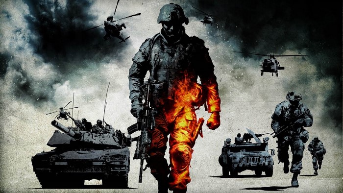 Soldiers and military vehicles in a battle scene