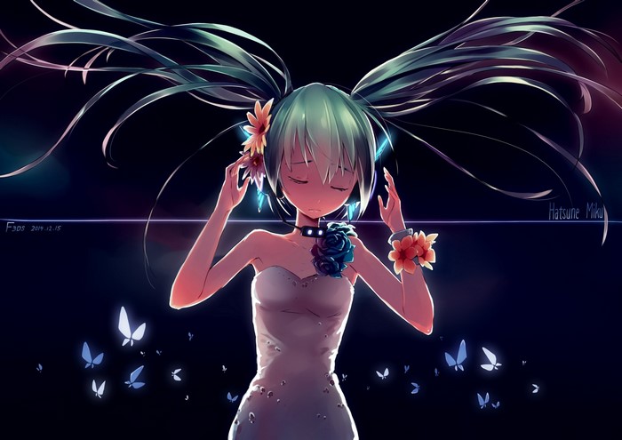 Hatsune Miku in a white dress with flowers and butterflies