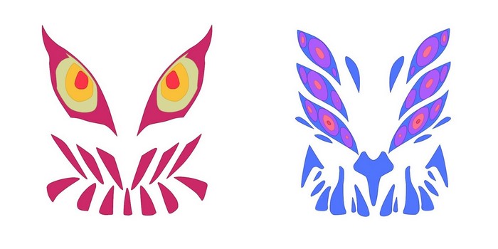 Two stylized monster faces, one pink and one blue