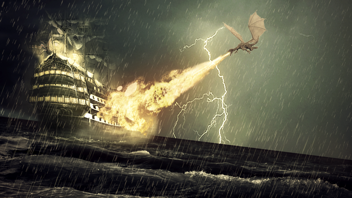 Dragon attacking a ship in a storm