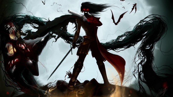 Alucard from Hellsing with a monstrous creature