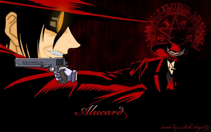 Alucard from Hellsing holding a pistol