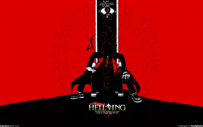 Alucard from Hellsing sitting on a throne