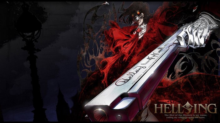 Alucard from Hellsing holding a pistol