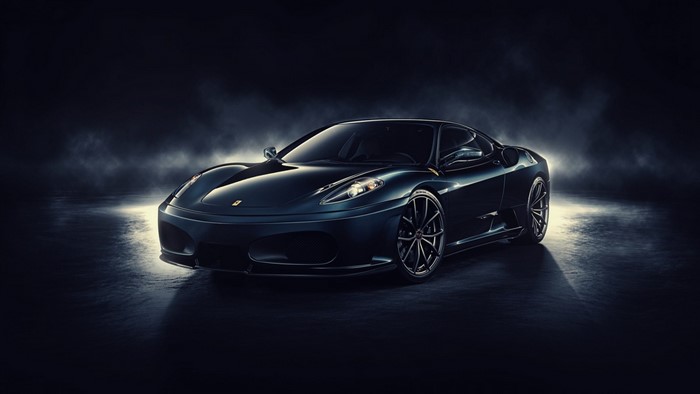 Dark blue Ferrari F430 sports car on a wet surface