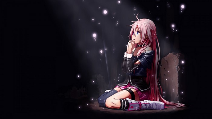 Anime girl with pink hair praying in darkness