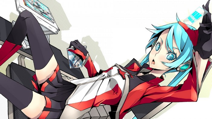 Hatsune Miku from Vocaloid sitting with books and cards