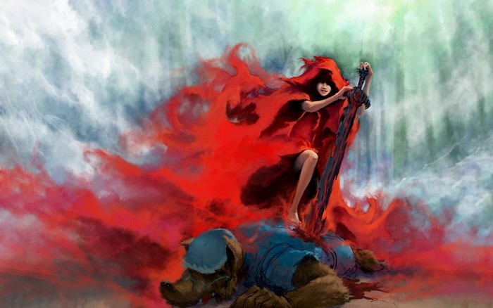 Little Red Riding Hood with a sword over a fallen foe