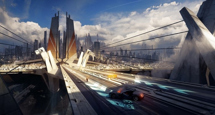 Futuristic cityscape with a burning car on a bridge