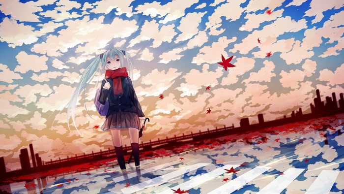 Hatsune Miku with umbrella and red scarf