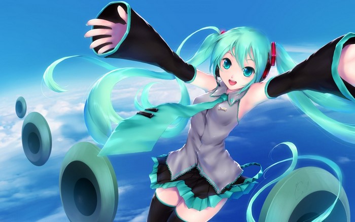 Hatsune Miku from Vocaloid flying in the sky