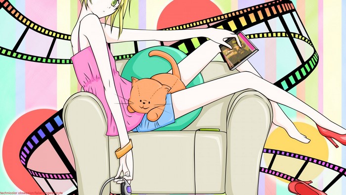 Kagamine Rin from Vocaloid with a cat and film reel