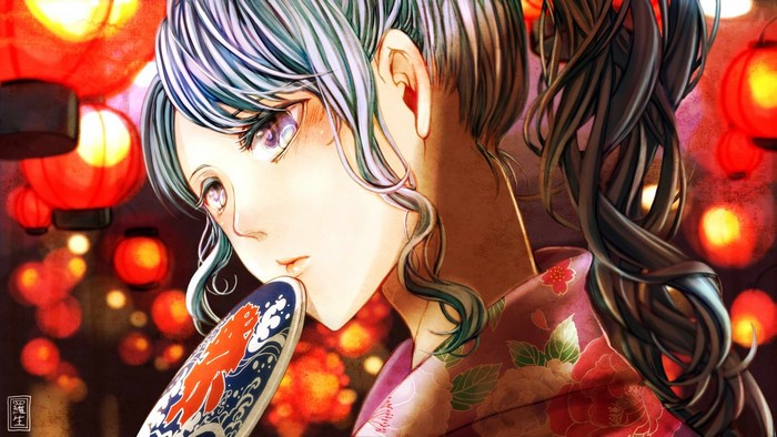 Anime girl in kimono holding a fan with lanterns