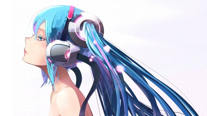 Hatsune Miku from Vocaloid with headphones and blue hair