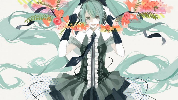Hatsune Miku Vocaloid illustration with floral elements