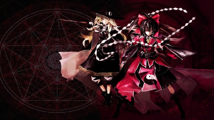 Two anime girls with magical weapons in front of a geometric pattern