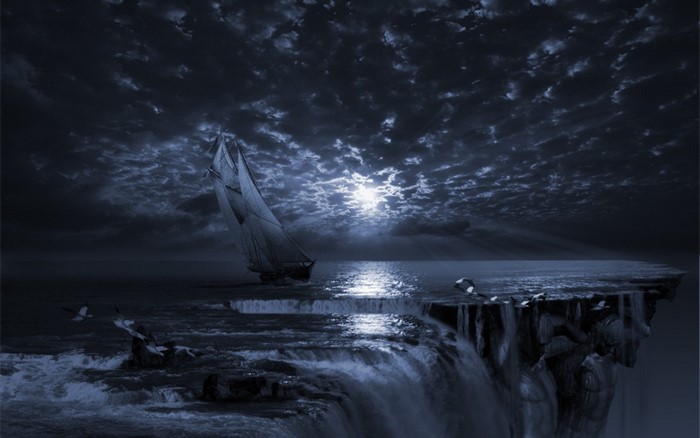 Sailing ship on a moonlit sea with waterfalls