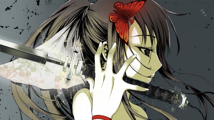 Anime girl with sword and butterfly hair clip