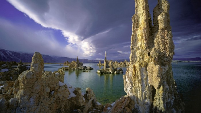 Tufa formations in Mono Lake under a dramatic sky