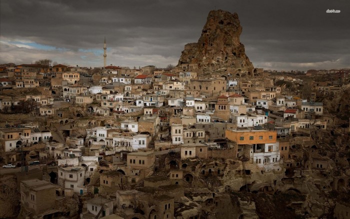Ancient town built into rocky landscape in Turkey