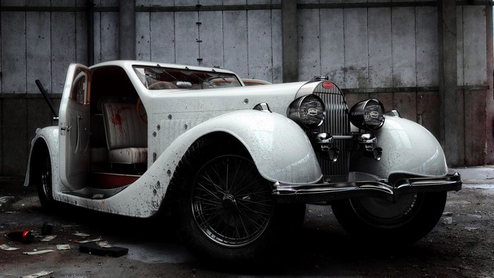 Bullet-riddled white Bugatti in a derelict garage