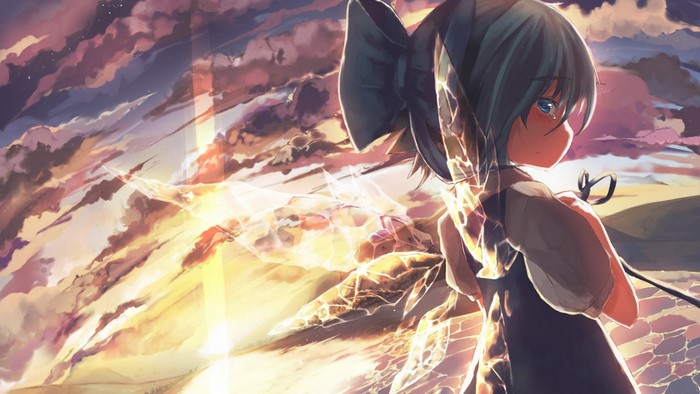 Cirno from Touhou crying against a sunset sky